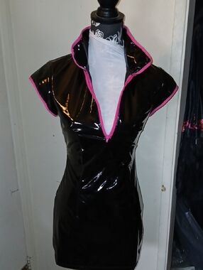 UWOWO Black Patent Vinyl Mini Dress with Hot Pink Trim.